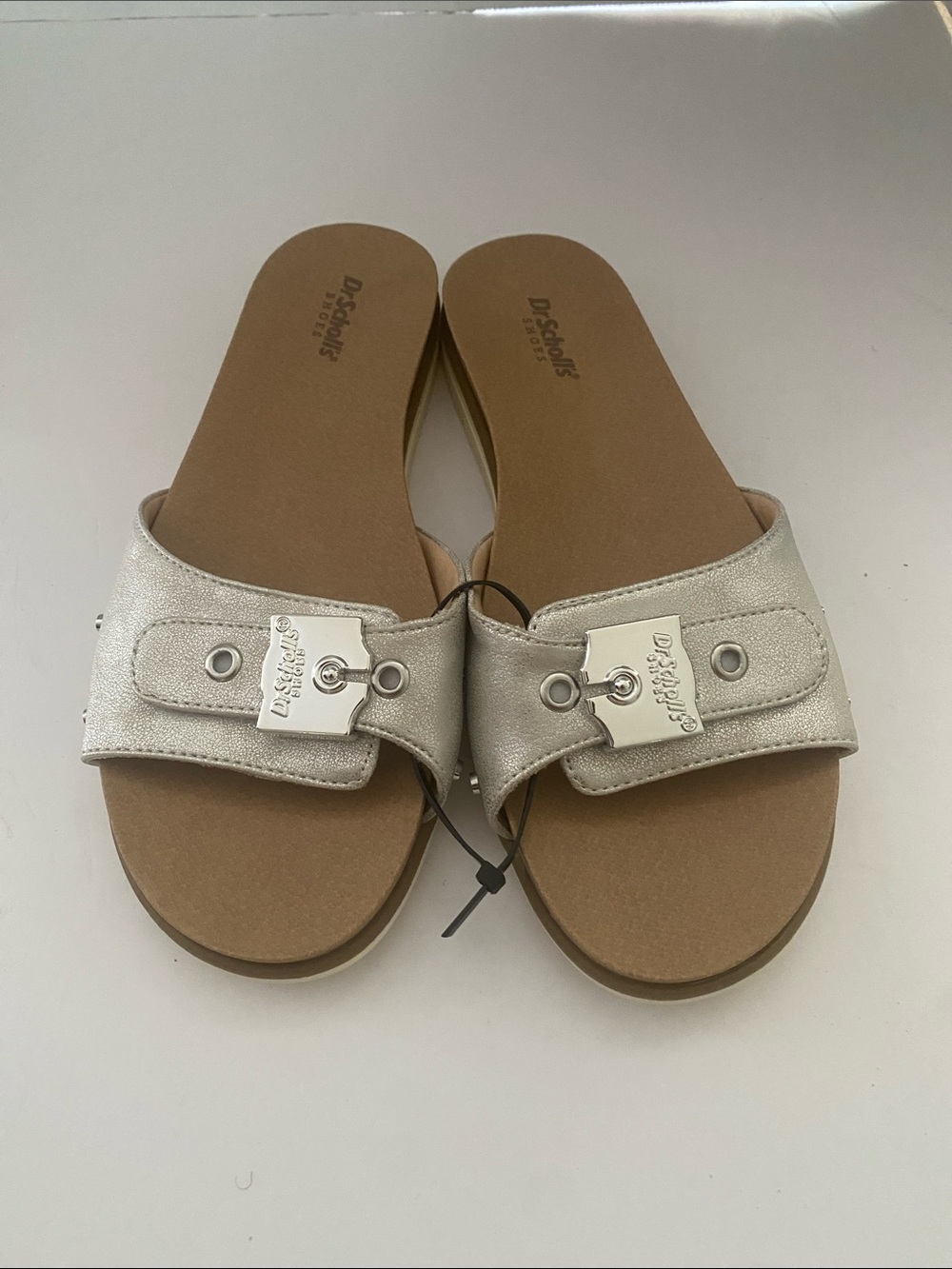 Dr. Scholl's Silver Slide Sandals with Decorative Buckle
